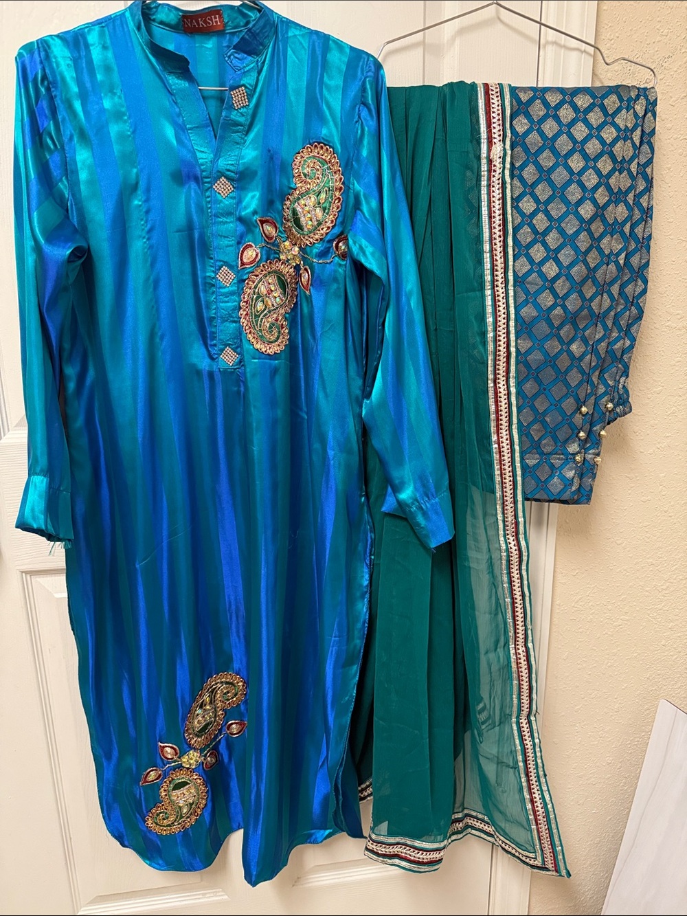 Naksh Pakistani Indian Teal & Turquoise Long Sleeve Embroidered Women's Dress